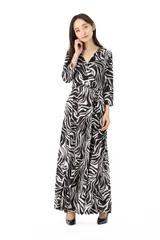 「フィフィーユ ワンピース」 FIFILLES T1 T2 T3サイズ 七分袖 ロング丈 カシュクール ゼブラ柄 レディース ジャージー素材 大人 きれいめワンピース フランス製 エレガント 上品  春 秋 冬 ブラック