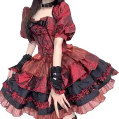 ゴスロリ ドレス ジャケット ビスチェ スカート 3点セット コスプレ ステージ イベント パーティー 衣装 コスチューム フリル レース リボン かわいい おしゃれ ゴシック 地雷系 ロリータ ガールズ 女子 ブラック 黒 レッド 赤 レディース