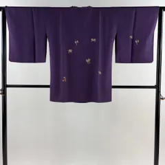 道行 身丈80cm 裄丈64cm M 和装コート 角衿 花籠 草花 刺繍 金糸 濃紫 正絹 名品 【中古】