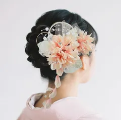 和装 着物 袴 結婚式 水引 パールチェーン 卒業式 ヘッドパーツ振袖 れたダリア造花飾り 和装小物 手作りヘッドドレス 結婚式 成人式 七五三 アクセサリ 髪飾り (オレンジ色)