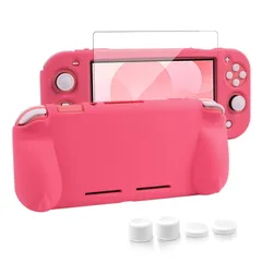 switch liteカバー スイッチライト ケース TPU素材 一体式 全面保護 耐衝撃 特殊ハンドル 薄型軽量 着脱簡単 防水防塵 頑丈 スタンド機能 スティックカバー4つ 液晶保護フィルム1枚付き 6点セット ピンク (コーラル)