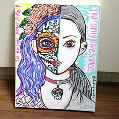 手描きイラスト「 死者の日 ドクロメイクの女性」 絵画  キャンバス  アート