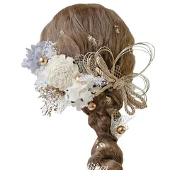 Bud Flower バドフラワー 髪飾り 成人式 卒業式 ドライフラワー 水引 金箔 和装 振袖 袴 ヘッドドレス 結婚式 七五三 アクセサリー hair-180 (グレー)