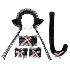 猫耳 カチューシャ 尻尾 チョーカー セット コスプレ かわいい ロリータ イベント 萌え 仮装 黒  黒黒P_0