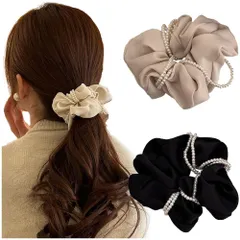在庫処分 髪ゴム 髪留め スタイリッシュ 優雅 ヘアアクセサリー シンプル ヘアゴム サテン パール エレガント 上品さ 髪飾り シュシュ 女性 レディース 高弾性 おしゃれ 日常 FASELE 通勤 プレゼント 贈り物 2点セット
