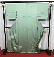 【中古】 Mサイズ 付け下げ 正絹 付下げ訪問着 袷着物 薄グリーン地に扇模様