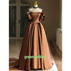 カラードレス 編み上げ ブラウン 半袖 サテン ロングドレス 結婚式 二次会 発表会 演奏会 ウェディングドレス ウエディングドレス 花嫁 前s