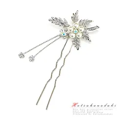 髪飾り 卒業式 入学式 結婚式 ドレス パーティー シルバー 白 ラインストーン オーロララインストーン オーロラ パール リーフ No.10-0420