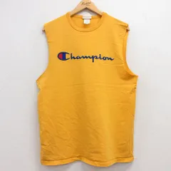 L/古着 チャンピオン champion ノースリーブ Tシャツ メンズ ビッグロゴ 刺繍 コットン クルーネック 黄 イエロー 25jul18 中古