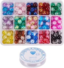 PH PandaHall Elite 約195個/箱 ガラスビーズ 10mm 15色 ラウンドビーズ クラックビーズ( 混合色)