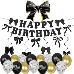 【人気商品】セット 女の子 バルーン 蝶結び、 飾り付け 花 誕生日 誕生日パーティー装飾セット、ブラック＆ゴールド風船、HAPPYBIRTHDAYバナー、リボン装飾、華やかパーティー用品