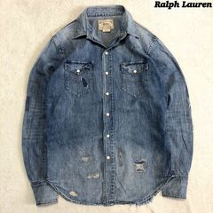 POLO Ralph Lauren デニムシャツ ウエスタンシャツ ヴィンテージ加工 ユーズド加工 リペア加工 ロングスリーブ 長袖 Sサイズ インディゴブルー 青 ポロラルフローレン