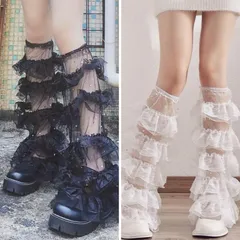 ハロウィン コスプ 仮装レッグウォーマー シースルー ベルトデコ ロング フリル  レース レッグウェア ソックス 韓国 ルーズソックス 白 ホワイト 黒 BLACK 多層デザイン キラキラ ハイソックス 靴下 おしゃれ 可愛い 女かっこいい レディースコーデ