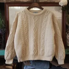 90s エルビン レディース クリーム ウール ケーブル ショート ニット M