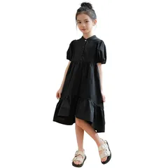 【新品】 [Measuttie] シャツワンピース 子供 立ち襟 半袖 フィッシュテール 女の子 フォーマル ブラウスワンピース 卒業式 発表会 法事 ブラック 130cm 0