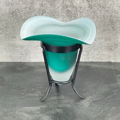 曇りガラス? すりガラス? 花瓶 フラワーベース アイアン台付　【中古】　オブジェ 花器　19x19x18cm 工芸品/5102075