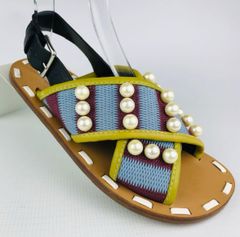 美品★MARNI・マルニ レディース レザー切替し パール付き クロス バックストラップ フラットサンダル（36）