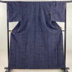 結城紬 身丈159.5cm 裄丈67.5cm L 袷 はたおり娘 証紙 麻の葉 紺色 正絹 名品 【中古】