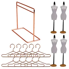 Famimueno 人形 ハンガー ラック ドール 服 着せ替え BJD トルソ マネキン フィギュア (ピンクゴールドラック1個、ハンガー10本、ホワイトマネキン4個) [ピンクゴールドラック1個、ハンガー10本、ホワイトマネキン4個]