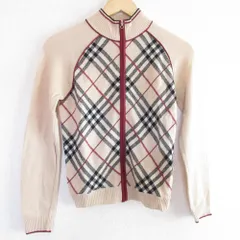良品 BURBERRY BLUE LABEL バーバリーブルーレーベル ノバチェック ウール ジップアップ ニットジャケット M ベージュ レディース 古着 中古 USED