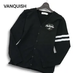 VANQUISH ヴァンキッシュ 通年 刺繍★ 袖ライン Vネック カーディガン Sz.46 メンズ 黒 日本製のサムネイル