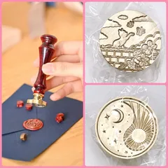 【3点セット】シリーズスタンプヘッド　「陰陽日月」　「猫と蝶」　シーリングスタンプ用ハンドル　「レッド」　封蝋　シーリングワックス　シーリングスタンプアイテム