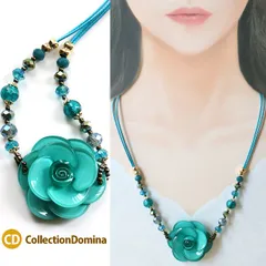 ネックレス ターコイズ お花 フラワー 大ぶり お花モチーフ ミディアム ターコイズグリーン 2連紐 樹脂 ラインストーン ハンドメイド グリーン ブルー ゴールド マグネットクラスプ 立体型 ma