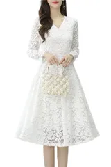 大特価　パーティードレス 総レース ドレス 長袖 秋 冬 結婚式 春 Aライン レディース 裏地あり 着痩せ ワンピース フォーマル お呼ばれ [Ｃｈｕｂｉｋｉｍｅ] 二次会 きれいめ