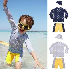 セパレート水着 キッズ 子供水着 男の子 長袖ラッシュガード サーフパンツ 帽子付き 上下セット ボーイズ スイムウェア フィットネス サーフィン 3点セット UV