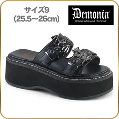 23 23.5 cm demonia デモニア サンダル 厚底 5cm ヒール 黒 ブラック 合皮 フェイクレザー つや消し ダブルストラップ 甲ベルト コウモリ 装飾 ロック パンク ゴシック 原宿系 ファッション 靴 シューズ レディース メンズのサムネイル