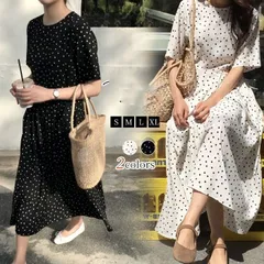 ドット柄 ワンピース 秋 レディース 夏 半袖 春 きれいめ 膝下 ミモレ丈 カジュアル オフィス OL 大人 リラックス ゆったり 可愛い 体型カバー 着痩せ感up 可愛い リゾート 春秋 黒 白 お出かけ 黒白水玉hymg01