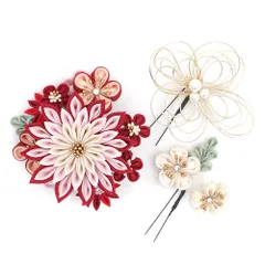 髪飾り 成人式 水引 つまみ細工 赤 ゴールド ちりめん 振袖 前撮り 袴 花 ピンク 白 パール ビーズ ラインストーン 大きい 小 No.12-1107