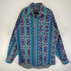古着 90's/90年代 ラングラー Wrangler 長袖シャツ ネイティブ フラップポケ 大きいサイズ　肉厚 XL  グレー系 総柄 メンズ