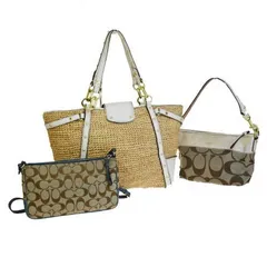 【中古】 3点セット コーチ COACH シグネチャー ショルダーバッグ ブラウン ブルー ホワイト キャンバス レザー ストロー 03HE013