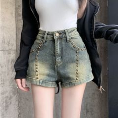 ショートパンツ デニムパンツ ミニ丈 ボトムス スタッズ Y2K レディース 韓国ファッション ストリート ビンテージ クール系 ハイウエスト 夏