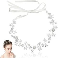 【在庫処分】ヘアアクセサリー 結婚式 花冠 披露宴 クリスタルビーズ 発表会 ヘッドドレス 卒業式 ホワイト パーティー リボン ダンス 花かんむり 和装 パール 写真 花 撮影 ヘアバンド 子供 髪飾り 大人用（シルバー） LeTradeJP