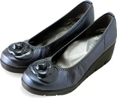 ファーストコンタクト パンプス 痛くない 歩きやすい ヒール 黒 靴 ウエッジソール コサージュ 美脚 厚底 ラウンドトゥ コンフォートシューズ nc39608 ネイビー（）  23.0cm