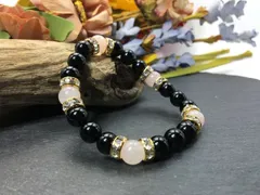 パワーストーン ブレスレット オニキス&ローズクォーツ 天然石ブレス (ゴールド) 8mm レディース  ●