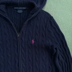 ポロ Ralph Lauren(ラルフローレン) ネイビー ケーブル編み ニット ジップアップパーカー フード付き