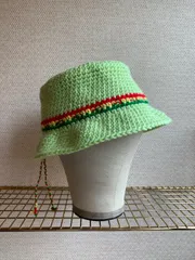 ラスタカラーライン入りハット✳︎ラスタクラッシャーハット✳︎ラスタバケットハット✳︎ラスタニット帽✳︎Rasta line hat✳︎Handknit✳︎フリーサイズ✳︎男女兼用✳︎Code付✳︎Light green✳︎ペールグリーン