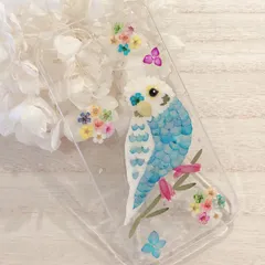 ブルーセキセイインコの押し花iPhoneケース
