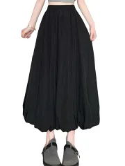 [ブブ オーハナ] バルーンヘムスカート ふわっと広がる ロング 丈 スカート 裾ゴムギャザー 裏地あり ウエストゴム レディース (JP, アルファベット, XL, 黒) [ブラック] [XL]