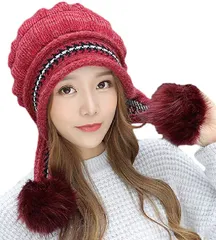 Coco&Mary(ココマリ) ニット帽 レディース ポンポン 付き あったかい 裏ボア 冬 帽子 耳当て キャップ 防寒( レッド,  Free Size)