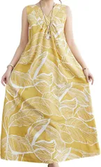 Elixio エリクシオ リゾートワンピース ロングワンピース マキシ丈ワンピース ノースリーブ ロングスカート Vネック 大きいサイズ ゆったり(イエロー,  XL)