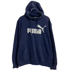 PUMA プリントスウェット パーカー M ネイビー プーマ スポーツ ロゴ プルオーバー 裏起毛 古着卸 アメリカ仕入 a701-7178