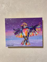 279 絵画原画　アート　現代アート　動物画　キャンバス　作品証明　鳥の絵　夜空