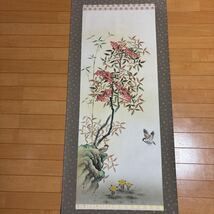 【模写】掛軸　花鳥図　絹本　浩堂銘　印刷工芸品(s22602)