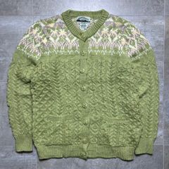 aran crafts   90s  ニットカーディガン  S size  グリーン  緑  アイルランド製  メリノウール100%  ケーブル編み  ダブルポケット  柄  ノルディック  古着