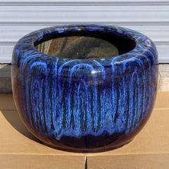 骨董 火鉢 大型 深藍色 メダカ 金魚 睡蓮鉢 鉢カバー テーブル 陶器