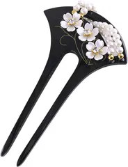 Miaomyao ミャオミャオ 簪 かんざし バチ型 髪飾り 和装 留袖 桜 フラワー 花 花びら パール U字 ヘアアクセサリー(ブラック,  ワンサイズ)
